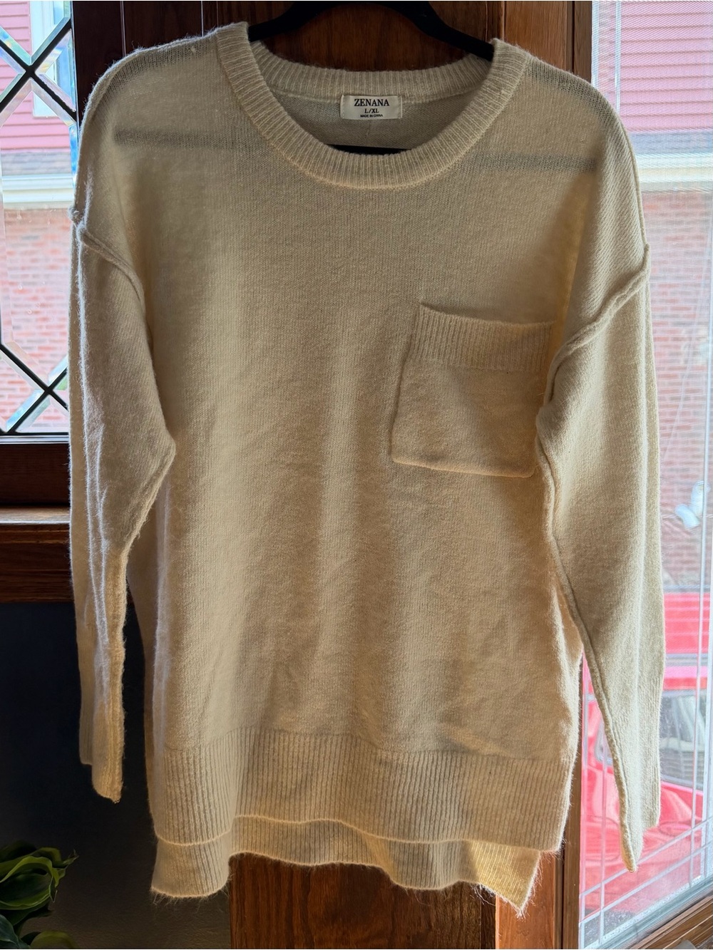 Zenana Ivory Fuzzy Knit Pocket Sweater Hi-Low Hem Size L/XL NWOT